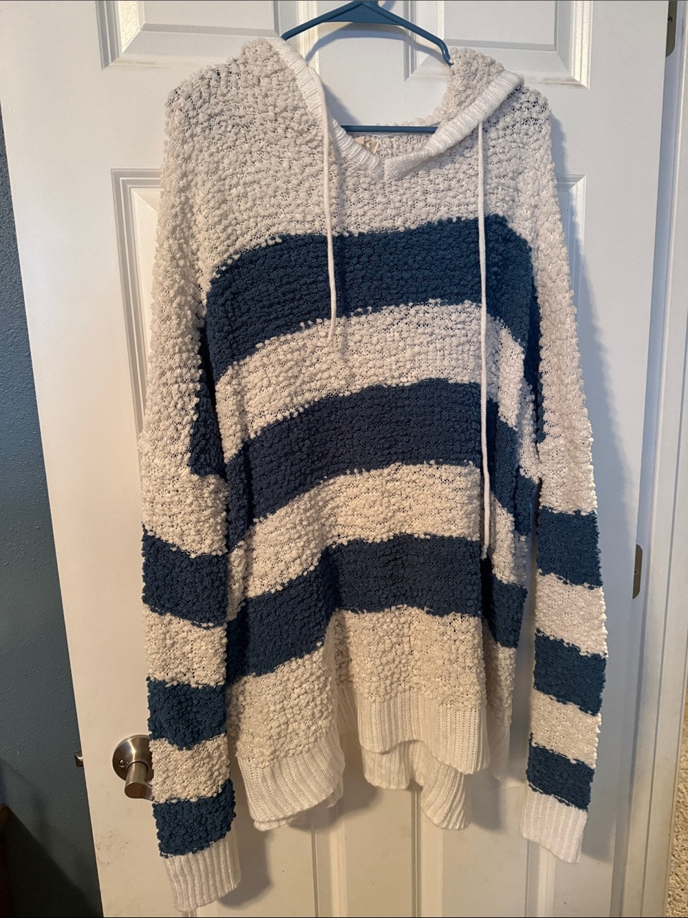 Reborn J Cream and Navy Striped Popcorn Knit Hoodie